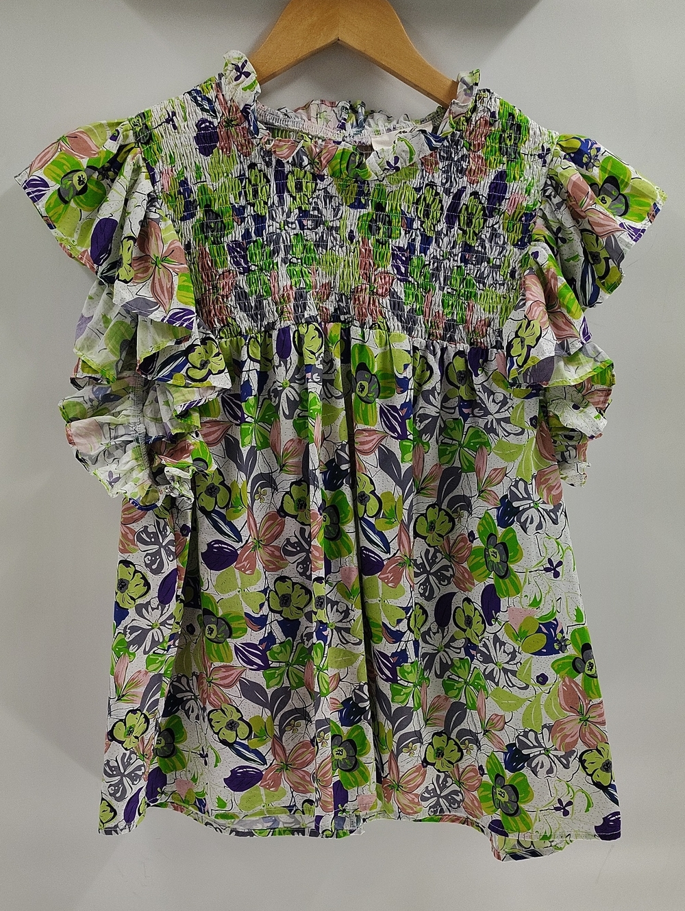 Entro Smocked Babydoll Top Large Green Purple Floral 100% Cotton
